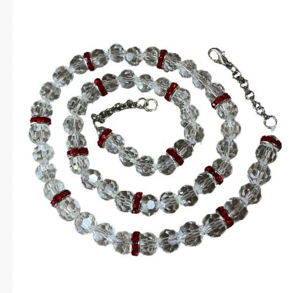 Handcrafted Necklace Clear Glass Beads and Ruby Colored Rhinestone Rondelles 20" - Picture 5 of 5